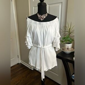 ✨Cute Lulus White Belted Romper Belle Sleeves Off The Shoulder w/ Pockets Small